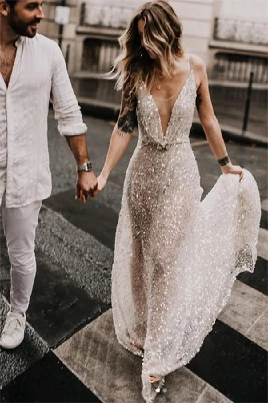 Wedding Dresses with Sweetheart Neckline for Romantic Appeal -Sparkly Sequins Lace A-line Open Back Deep V-neck Beach Wedding Dresses OK1673