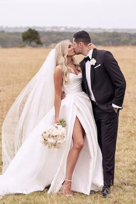 Lace Wedding Dresses with High Neck for Modest Elegance -Strapless A-line Satin Wedding Gown with Slit Simple Long Beach Wedding Dress OK1649