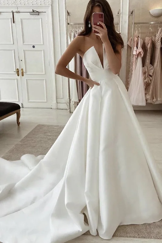 Chic Bridal Dresses for Modern Weddings -Strapless Satin Simple Wedding Dress Elegant A Line Long Brial Dress OK1114