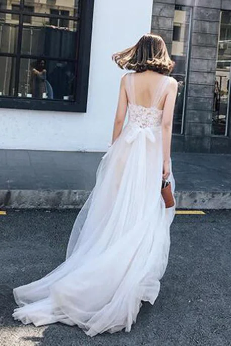Tulle Wedding Dresses with High Neckline for Elegant Coverage -Straps Tulle White Lace Beach Long Backless A Line Wedding Dress OK560 Tulle Wedding Dresses with High Neckline for Elegant Coverage -Straps Tulle White Lace Beach Long Backless A Line Wedding Dress OK560