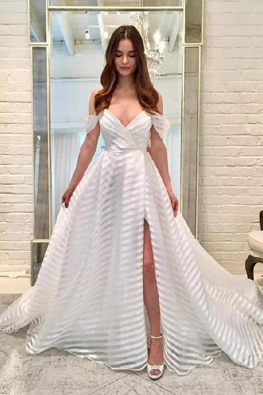 Wedding Dresses with Lace Train for Extra Glamour -Stunning A Line Off-The-Shoulder Sleeveless Striped Wedding Dress With Split OK1093