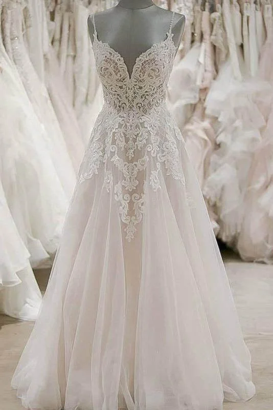 Bridal Gowns for Traditional Wedding Ceremonies -Stunning A-line Spaghetti Straps Lace Appliques Backless Wedding Dress OKU91