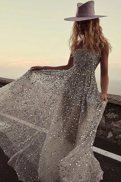 Off-White Wedding Dresses for Elegant Charm -Stunning Sparkle A Line Wedding Dresses Strapless Sequined Bridal Gown OK1925