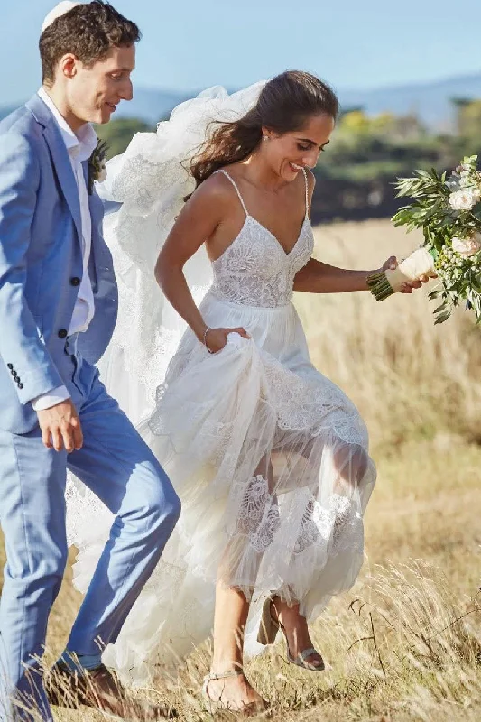 Floor-Length Wedding Dresses for Formal Affair -Stunning Tulle A-line Long Beach Wedding Dress Spaghett Straps Backless Boho Bridal Gowns OKY97