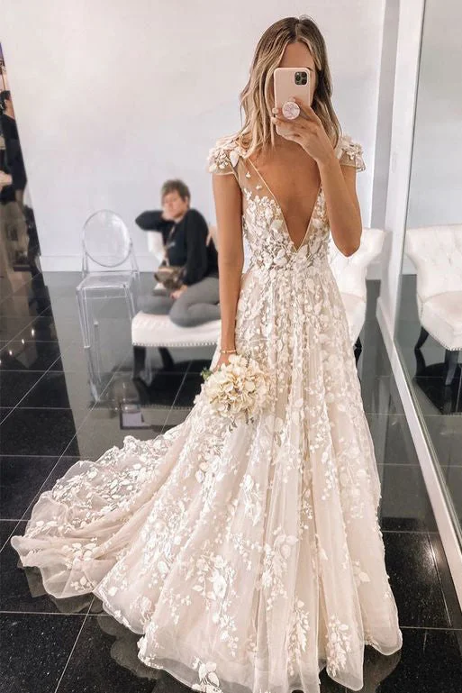Lace Wedding Dresses with Illusion Sleeves for Romantic Style -Stylish V Neck Tulle Lace Cap Sleeves Appliques Long Wedding Dress OKU40 Lace Wedding Dresses with Illusion Sleeves for Romantic Style -Stylish V Neck Tulle Lace Cap Sleeves Appliques Long Wedding Dress OKU40