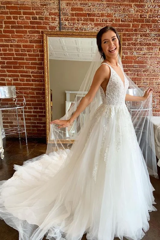 Wedding Dresses with Corset Back for Perfect Fit -Sweet A-line V Neck Tulle Chapel Train Wedding Gown with Appliques OK1006