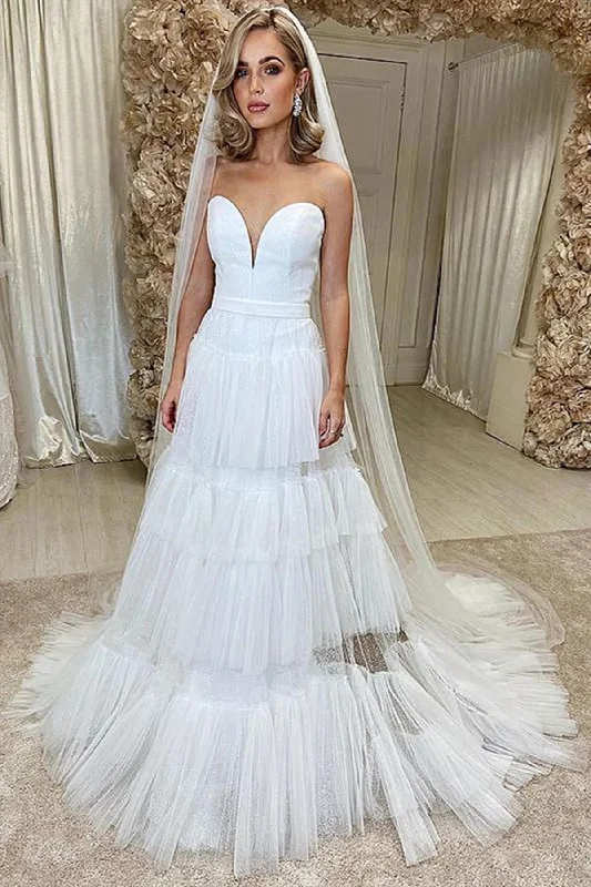Satin Wedding Dresses with Side Slit for Added Sensuality -Sweetheart Neck Layers Tulle Wedding Dresses, A Line Bridal Gowns OK1951 Satin Wedding Dresses with Side Slit for Added Sensuality -Sweetheart Neck Layers Tulle Wedding Dresses, A Line Bridal Gowns OK1951