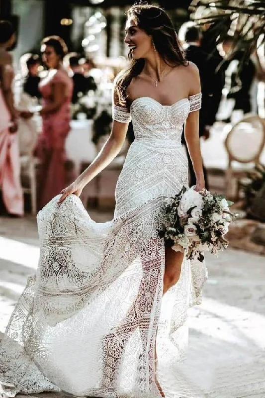 Wedding Dresses with Lace Detail for Timeless Elegance -Sweetheart Sheath Lace Bridal Dress Beach Wedding Dress With Slit OKP93