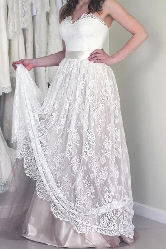 Classic Wedding Dresses with Square Neckline for Timeless Style -Sweetheart Sleeveless Long White Lace A Line Wedding Dresses with Belt OK528 Classic Wedding Dresses with Square Neckline for Timeless Style -Sweetheart Sleeveless Long White Lace A Line Wedding Dresses with Belt OK528