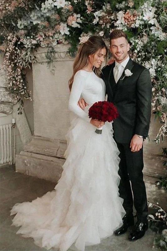 Wedding Dresses with Tiered Skirt for Volume -Sweety Tulle Long Sleeve Wedding Dress Court Train A-line Bridal Dress Cascading Ruffles Wedding Gowns OKW17