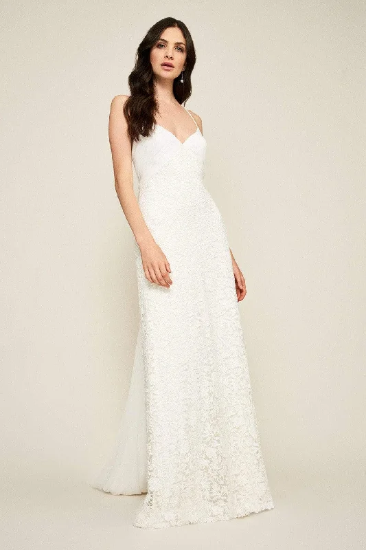 Vintage-Inspired Wedding Dresses with Tulle for Dreamy Effect -Tadashi Shoji - BDS18865LBR Laced V-Neck Sheath Bridal Gown
