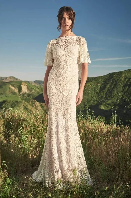 Satin and Lace Wedding Dresses for Soft Glamour -Tadashi Shoji - BNQ20026LBR Bell Sleeve Trumpet Bridal Dress Satin and Lace Wedding Dresses for Soft Glamour -Tadashi Shoji - BNQ20026LBR Bell Sleeve Trumpet Bridal Dress