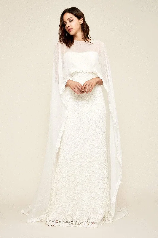 Satin Wedding Dresses with Keyhole Back for Sexy Detail -Tadashi Shoji - Embroidered Dress With Sheer Cape Overlay