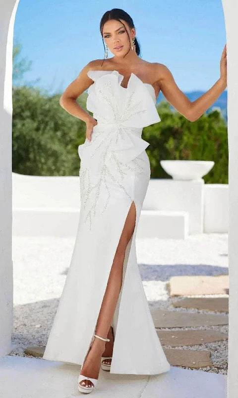 Bridal Wedding Dresses with Lace-Up Back for Classic Look -Terani Couture 241E2411 - Bow Detailed Evening Dress with Slit