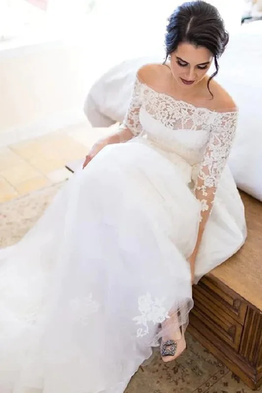 Bridal Gowns with V-Neck for Flattering Silhouette -Tulle A-line Off-the-Shoulder 3/4 Sleeves Wedding Dresses, Bridal Gown OK1903 Bridal Gowns with V-Neck for Flattering Silhouette -Tulle A-line Off-the-Shoulder 3/4 Sleeves Wedding Dresses, Bridal Gown OK1903