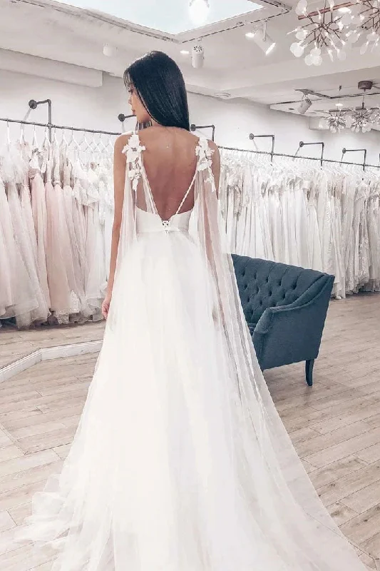 Ruffled Wedding Dresses for Feminine Appeal -Tulle A-line Wedding Dress V-Neck Spaghetti Straps Lace Applique Chapel Train Bridal Dress OKW20