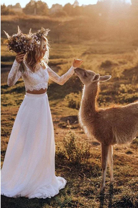 Wedding Dresses with Crystal Embellishments for Glamorous Effect -Two Piece Crew Long Sleeves White Chiffon Boho Wedding Dresses with Lace OKK43