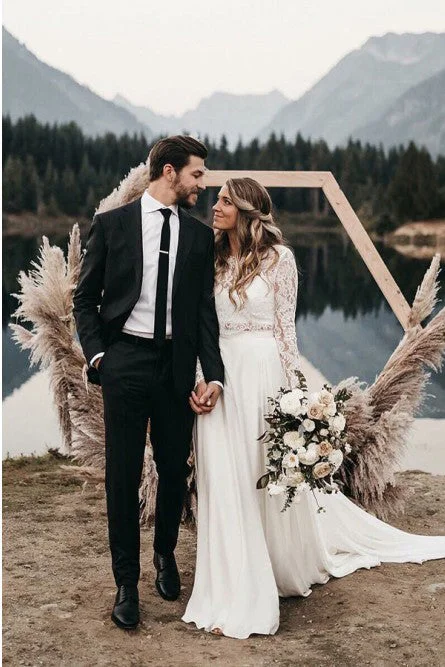 Lace and Tulle Wedding Dresses for Romantic Touch -Two Piece Long Sleeves Chiffon Beach Wedding Dress with Lace OKS32