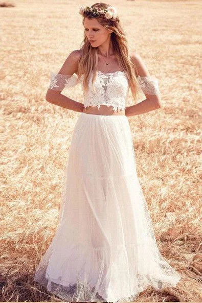 Boho Chic Wedding Dresses for Relaxed Vibe -Two Piece Off-the-Shoulder Cheap Tulle Beach Wedding Dresses OKC93