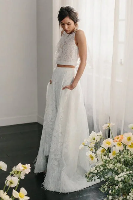 High-Neck Wedding Dresses for Elegant Coverage -Two Piece Open Back Sweep Train Ivory Lace Wedding Dress with Pockets OKS33 High-Neck Wedding Dresses for Elegant Coverage -Two Piece Open Back Sweep Train Ivory Lace Wedding Dress with Pockets OKS33