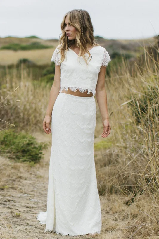 Wedding Dresses with Pleated Detail for Elegant Look -Two Piece V-Neck Cap Sleeves White Lace Wedding Dresses OKL55