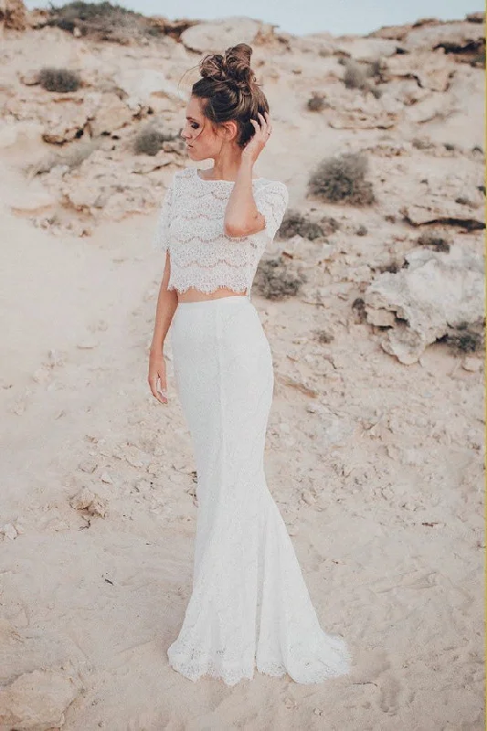 Wedding Dresses with Deep V-Neck for Bold Style -Two Pieces Crew Short Sleeves White Lace Mermaid Wedding Dress OKL54 Wedding Dresses with Deep V-Neck for Bold Style -Two Pieces Crew Short Sleeves White Lace Mermaid Wedding Dress OKL54