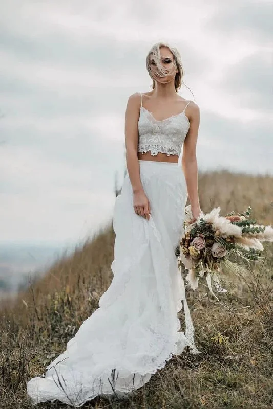 Tulle Wedding Dresses with Off-Shoulder Neckline for Dreamy Look -Two Pieces Lace Appliques Spaghetti Straps Wedding Dresses, A Line Tulle Bridal Gown OK1764 Tulle Wedding Dresses with Off-Shoulder Neckline for Dreamy Look -Two Pieces Lace Appliques Spaghetti Straps Wedding Dresses, A Line Tulle Bridal Gown OK1764
