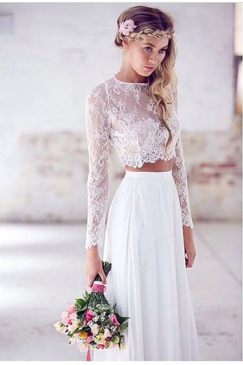 Structured A-Line Wedding Dresses for Classic Elegance -Two Pieces Long Sleeves Lace Beach Wedding/Bridal Dress,Elegant White Sexy Wedding Gown OK261