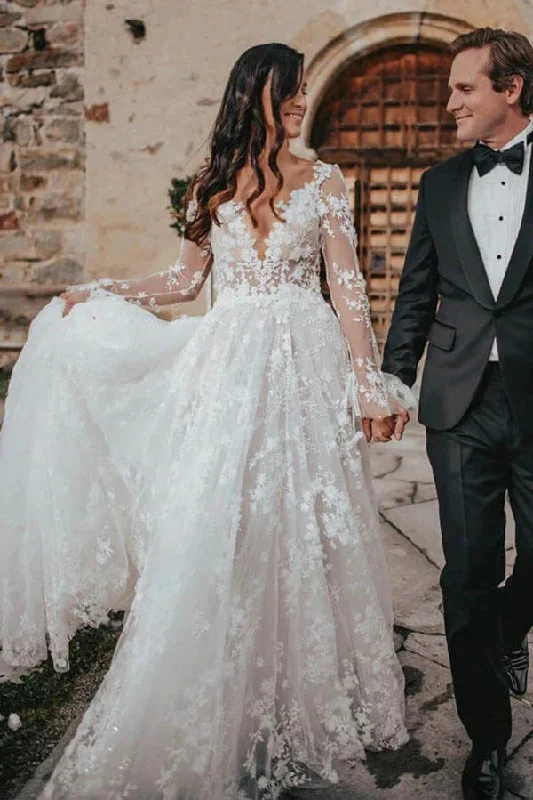 Bridal Dresses with Illusion Neckline for Elegant Style -Unique A-line V-neck Long Sleeves Lace Wedding Dresses, Bridal Gowns OK1904 Bridal Dresses with Illusion Neckline for Elegant Style -Unique A-line V-neck Long Sleeves Lace Wedding Dresses, Bridal Gowns OK1904