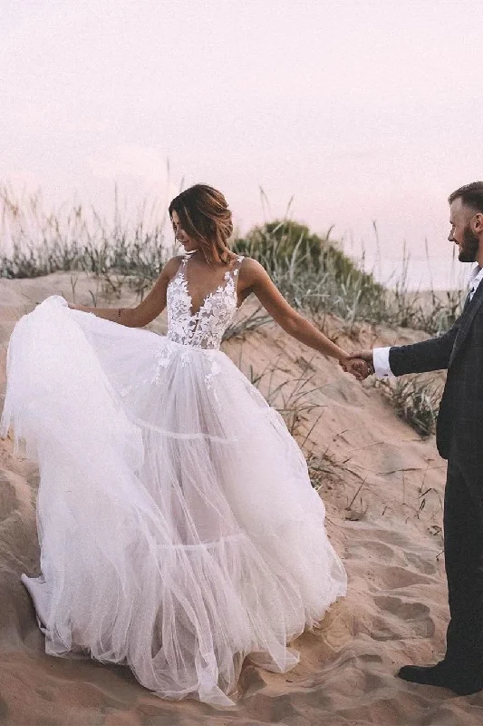Wedding Dresses with Pleated Skirt for Elegant Volume -Unique Appliqued A-line V Neck Tulle Wedding Dress With Chapel Train OKU43