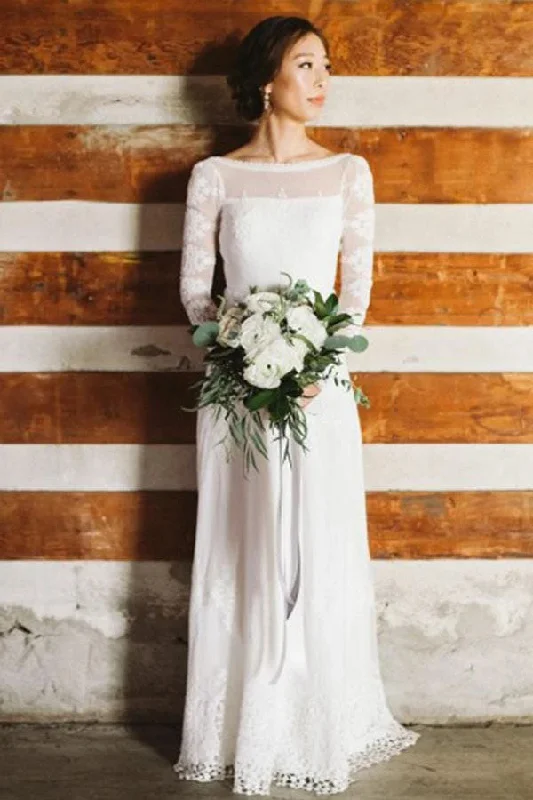 Luxury Wedding Dresses with Feather Details for Extravagance -Unique Bateau Neck Long Sleeves Backless Lace Wedding Dress OKU46