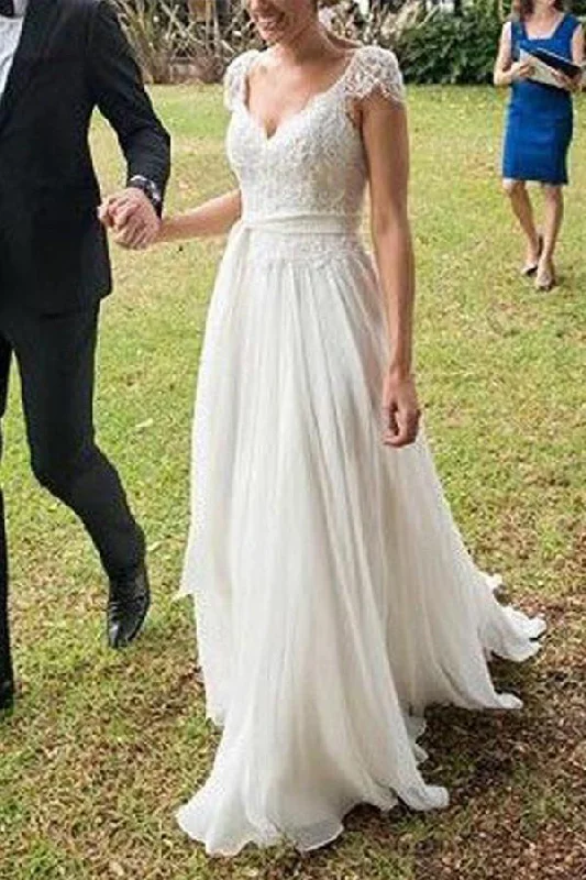 Luxury Wedding Dresses for Extravagant Brides -Unique Ivory Cap Sleeves Lace Top Backless Chiffon A Line Beach Wedding Dress OK381