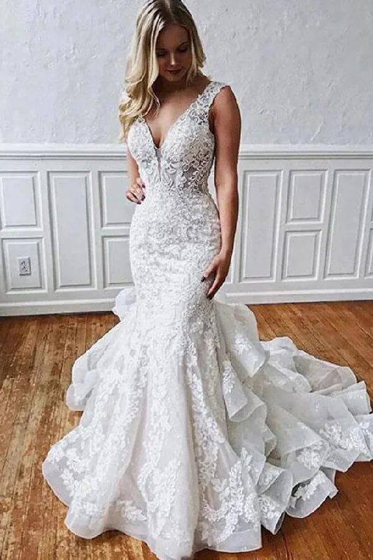 Lace Overlay Wedding Dresses for Delicate Appeal -Unique Mermaid Tulle Lace Wedding Dresses With Ruffles, Bridal Gown OK1809 Lace Overlay Wedding Dresses for Delicate Appeal -Unique Mermaid Tulle Lace Wedding Dresses With Ruffles, Bridal Gown OK1809