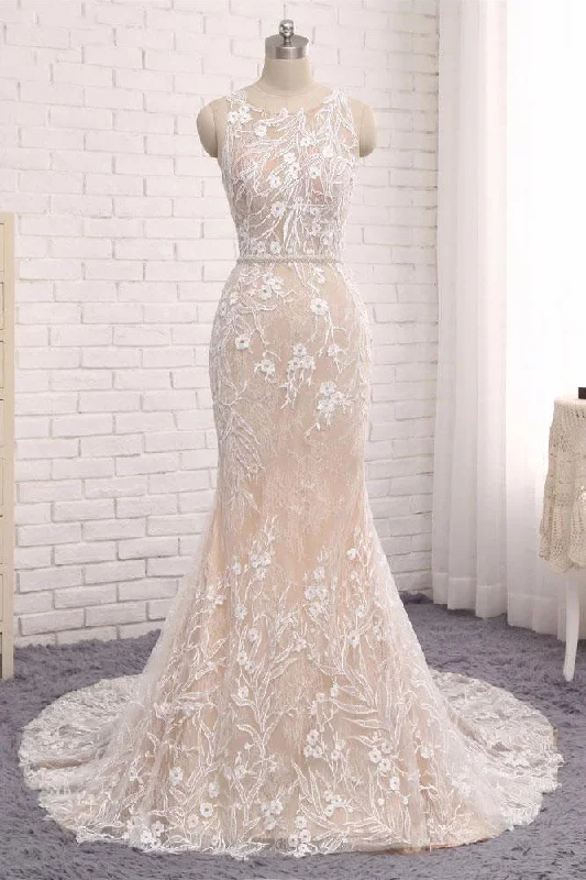 Off-The-Shoulder Wedding Dresses for Soft Look -Unique Mermaid White Sleeveless Prom Dresses,Lace Long Sweep Train Wedding Dress OK636