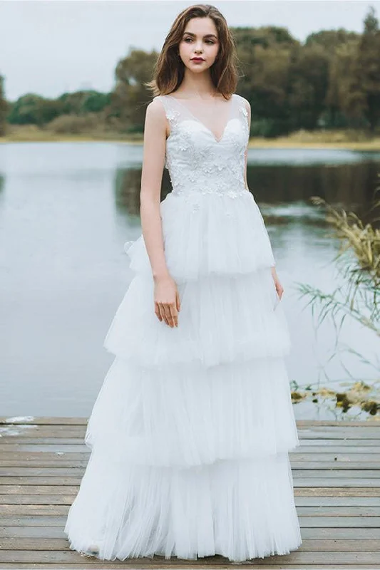 Simple Satin Wedding Dresses for Understated Elegance -Unique Tiered Tulle Low Back V Beck Boho Beach Wedding Dresses With Lace Appliques OKG8