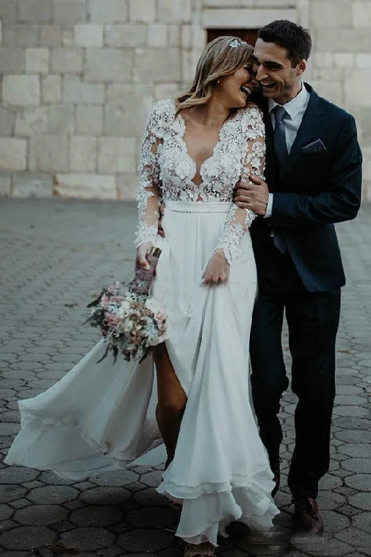 Short-Sleeve Wedding Dresses for Summer Brides -A-line Long Sleeves Lace Top Beach Wedding Dress Elegant Chiffon Bridal Gowns OKX89