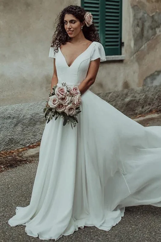 Wedding Dresses with Silk Skirt for Soft Elegance -V Neck A-line Short Sleeves Wedding Dress Long Bridal Gowns OKX87