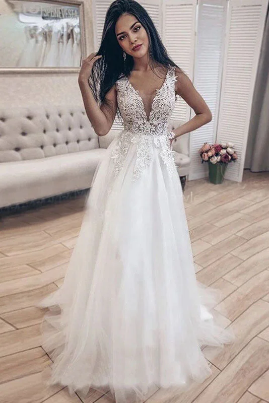 Lace Wedding Dresses for Traditional Romance -V-neck Appliques Illusion Long Bride Dress A-line Tulle Backless Beach Wedding Gowns OKW11
