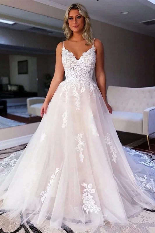 High-Low Wedding Dresses for Trendy Brides -V Neck Backless Ivory Lace Appliques Tulle Long Wedding Dresses Bridal Dress OK1699