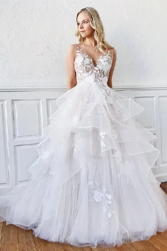 Lace Wedding Dresses with Sweetheart Neckline for Romantic Look -V Neck Backless Off White Floral Lace Wedding Dress A-line Wedding Gowns OKX70