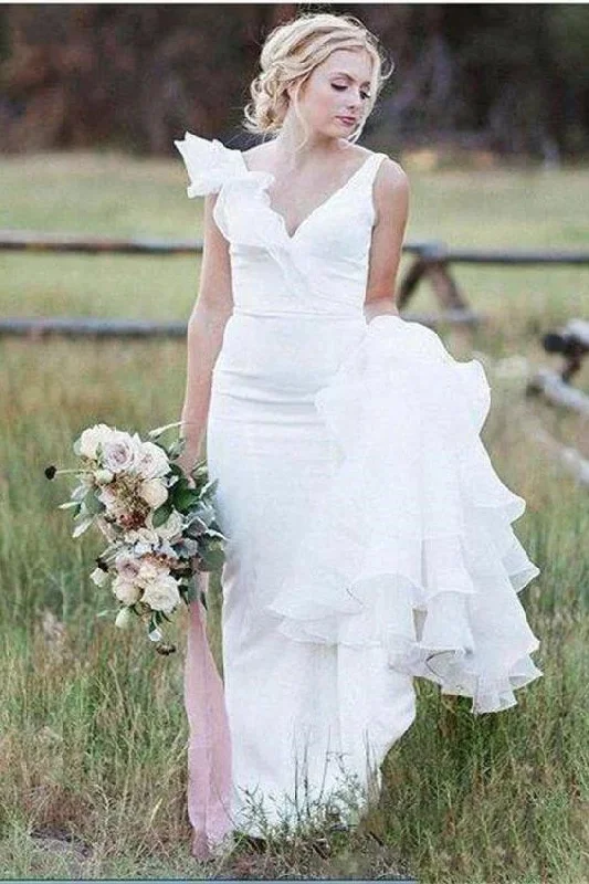 Romantic Wedding Dresses with Lace Sleeves for Soft Glam -V Neck Backless Sheath White Wedding Dress Long Simple Bridal Dresses OKN96 Romantic Wedding Dresses with Lace Sleeves for Soft Glam -V Neck Backless Sheath White Wedding Dress Long Simple Bridal Dresses OKN96