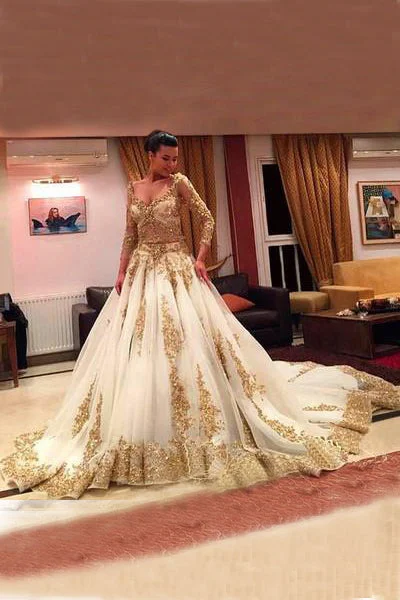 A-Line Wedding Dresses for Slimming Effect -V-Neck Prom Dress With Appliques Long Sleeves Ball Gown Wedding Dress With Chapel Train OK499 A-Line Wedding Dresses for Slimming Effect -V-Neck Prom Dress With Appliques Long Sleeves Ball Gown Wedding Dress With Chapel Train OK499
