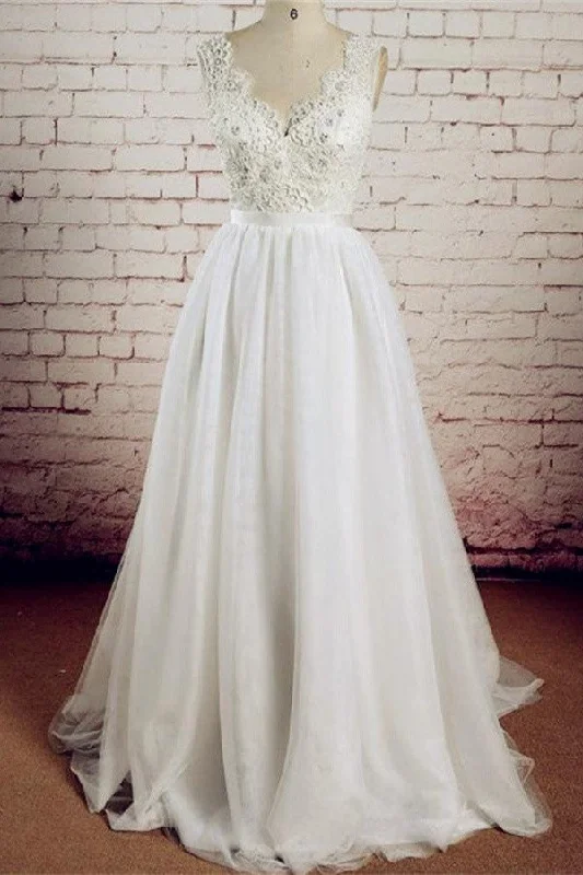 Elegant Wedding Dresses for Classic Brides -V-neck Ivory Lace Beading Long Handmade A-line Tulle Wedding Dress W28