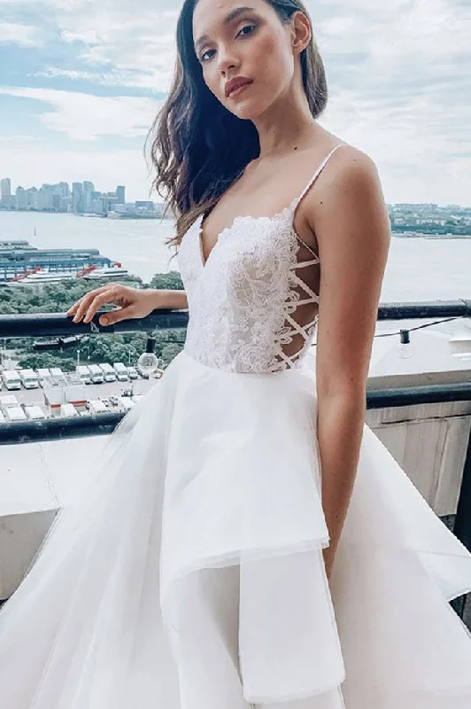 Wedding Dresses with Button Detail for Classic Appeal -V Neck Lace Top Spaghetti Straps Wedding Dress Elegant Ruffles Bridal Dress OKX55