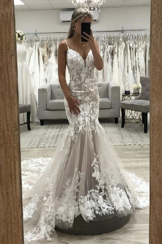 Wedding Dresses with Asymmetrical Detail for Unique Appeal -V Neck Mermaid Lace Appliques Long Wedding Dresses, Elegant Bridal Dresses OK1728 Wedding Dresses with Asymmetrical Detail for Unique Appeal -V Neck Mermaid Lace Appliques Long Wedding Dresses, Elegant Bridal Dresses OK1728