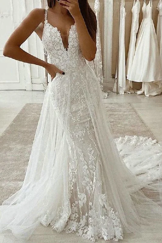 Empire Wedding Dresses for Effortless Glam -V Neck Spaghetti Straps Mermaid Lace Appliques Wedding Dresses OKV25