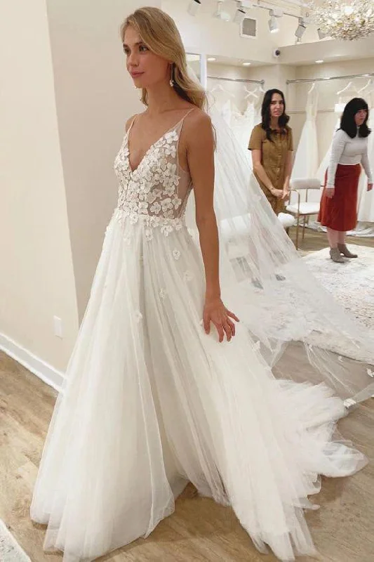 Wedding Dresses with Low Back for Sexy Charm -V Neck Tulle Appliques A Line Spaghetti Straps Beach Wedding Dresses OK1794 Wedding Dresses with Low Back for Sexy Charm -V Neck Tulle Appliques A Line Spaghetti Straps Beach Wedding Dresses OK1794