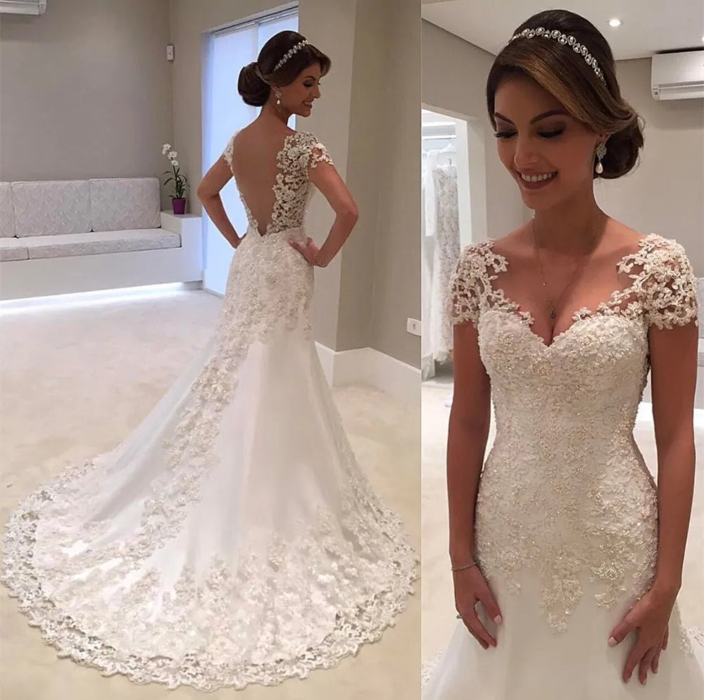 Lace Wedding Dresses with Cap Sleeves for Modest Appeal -White Backless Lace Mermaid Wedding Dress V-Neck Short Sleeve