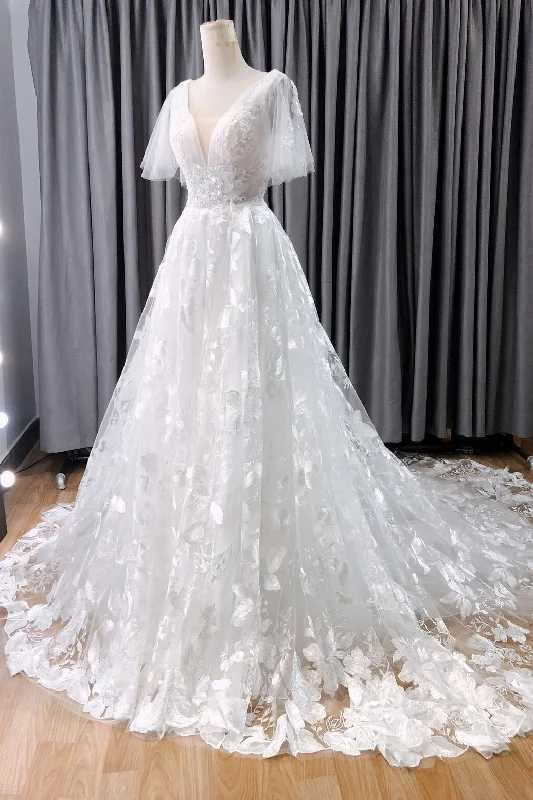 Elegant Silk Wedding Dresses for Timeless Style -Vintage A Line V Neck Lace Wedding Dress With Flutter Sleeves OK1901 Elegant Silk Wedding Dresses for Timeless Style -Vintage A Line V Neck Lace Wedding Dress With Flutter Sleeves OK1901