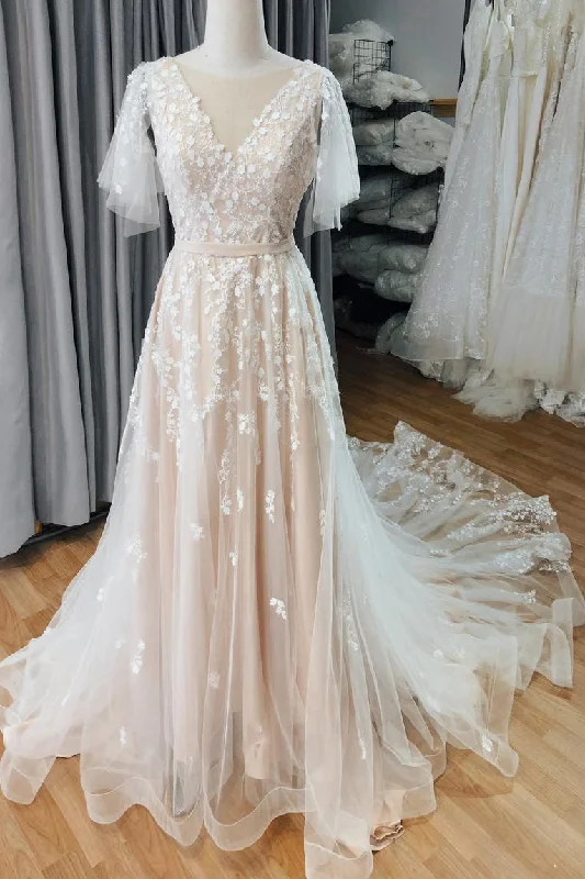 Short Wedding Dresses for Casual Weddings -Vintage Blush A-line Wedding Dress With Flutter Sleeve Lace Appliques OKU79